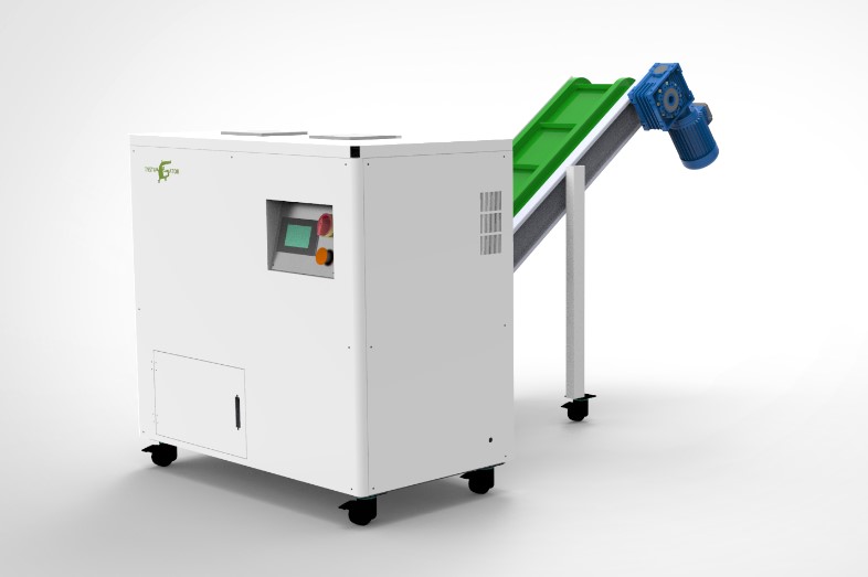 E-waste destruction hard drive shredder with conveyor