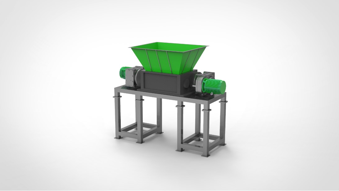 Industrial twin shaft shredder suitable for recycling a wide variety of difficult materials